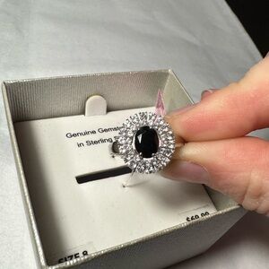 Womens Sterling Silver Ring Oval Black Spinel and White Topaz Halo Size 8 NWT